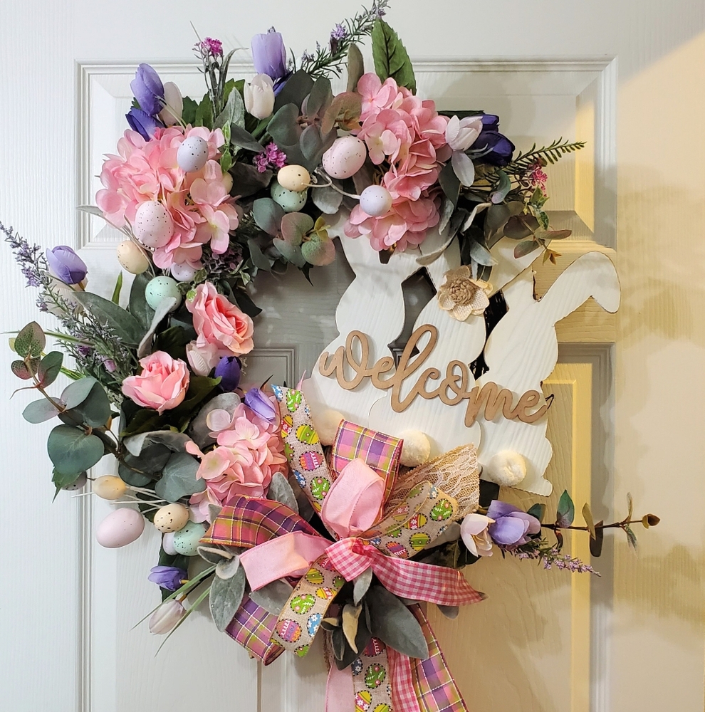 Floral Easter Wreath with Pink and Purple Accents